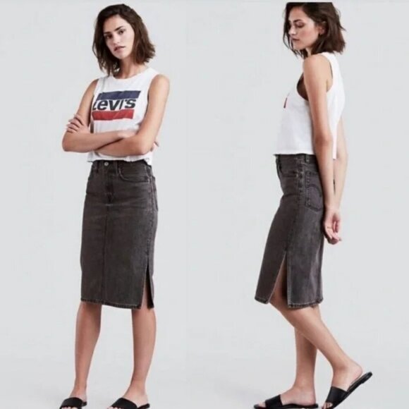 Levi's Skirt Women's Size 30 Black Wash Rigid Denim Side Slit Jean Midi Classic - Picture 15 of 15